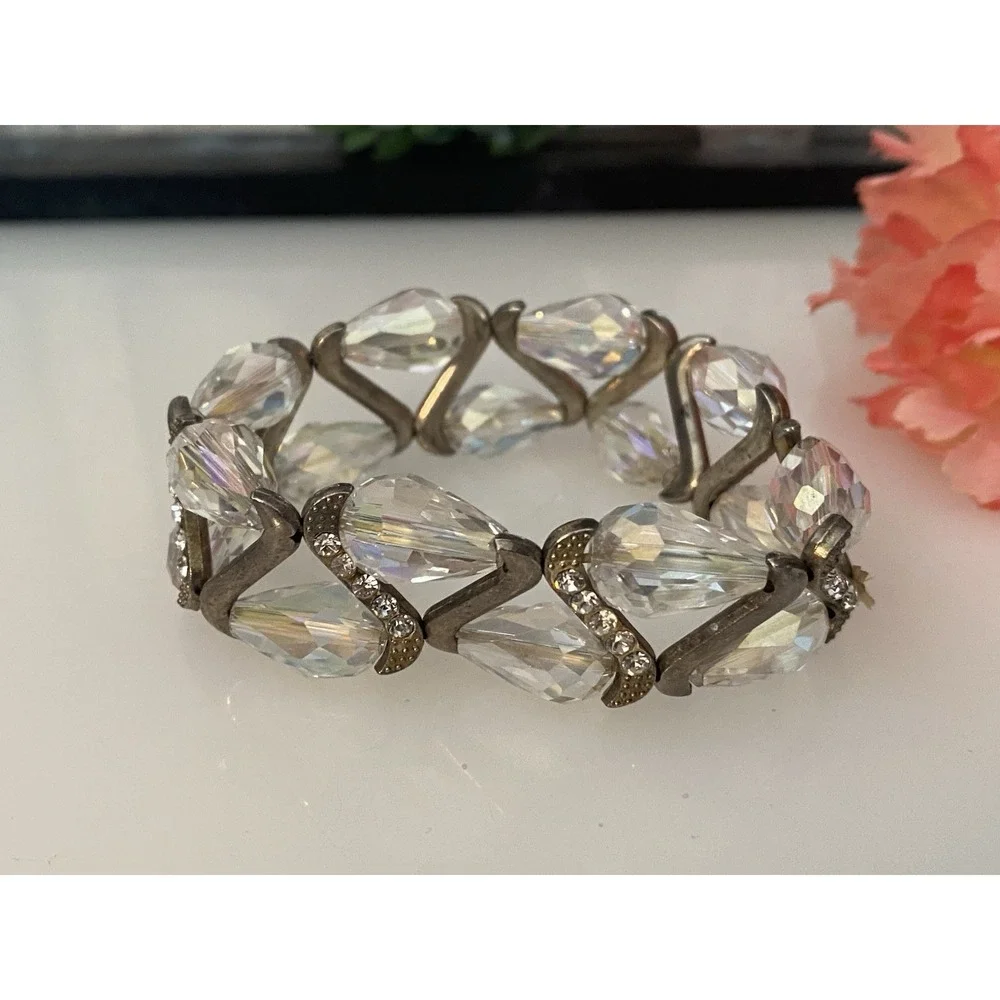 Vintage Silvertone‎ Faceted Beaded Sparkly Rhinestones Stretch Bracelet Sparkle